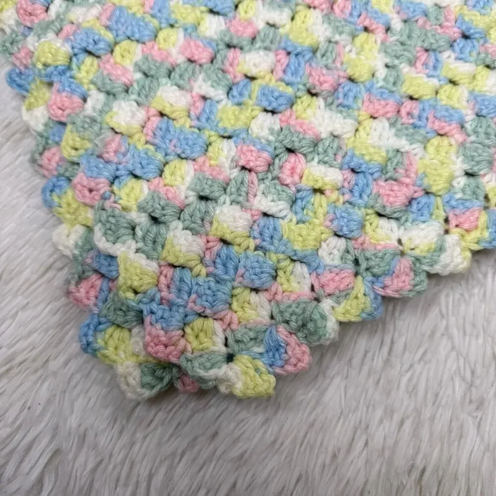Handmade crocheted pastel pink blue yellow green chunky baby blanket
